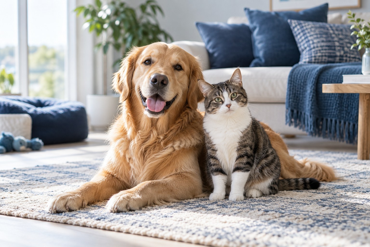 Dog and cat resting together in a bright home